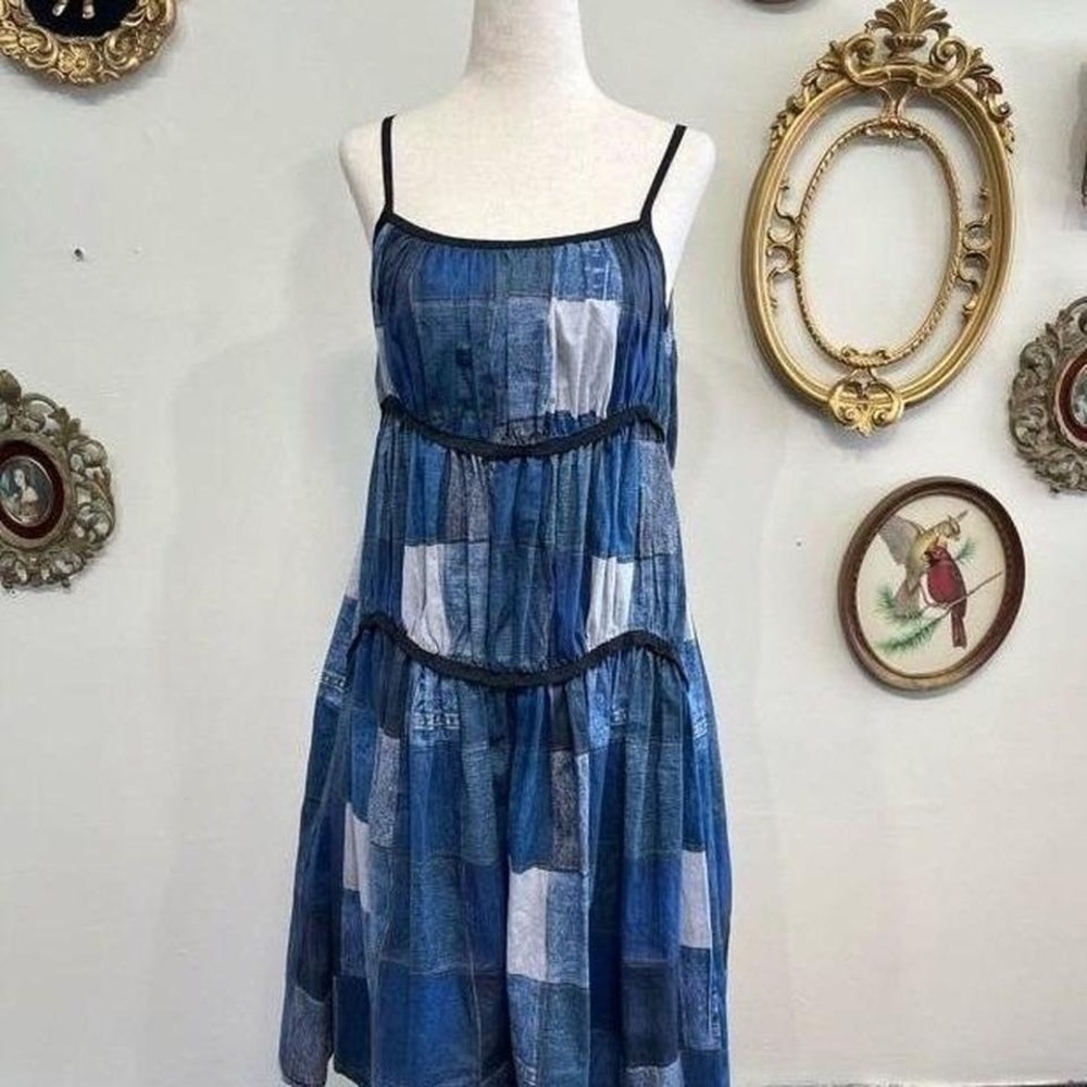 Gentle Madness Denim Patchwork Tiered Midi Dress Y2K Goth Small